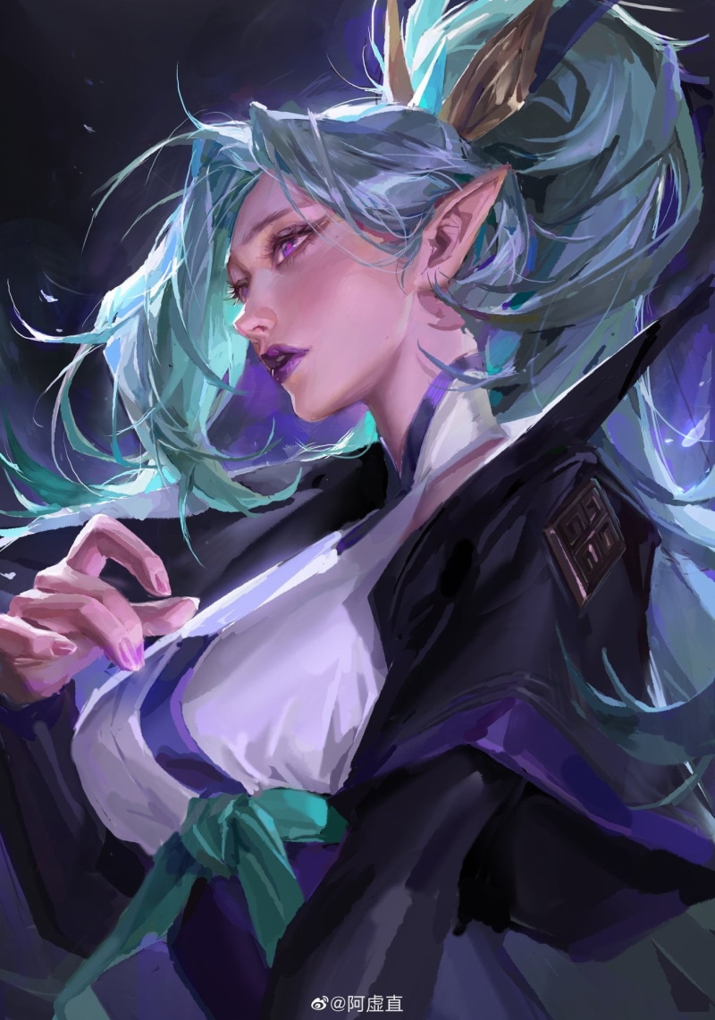 digital art, spirit blossom, illustration, fan art, League of Legends, 720P, elf ears, Riot Games, artwork, blue hair, Vayne (League of Legends)