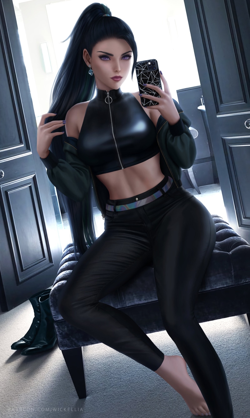 fantasy art, drawing, artwork, digital art, black hair, belly, thighs, video games, illustration, women, looking at viewer, KaiSa(League of Legends), League of Legends