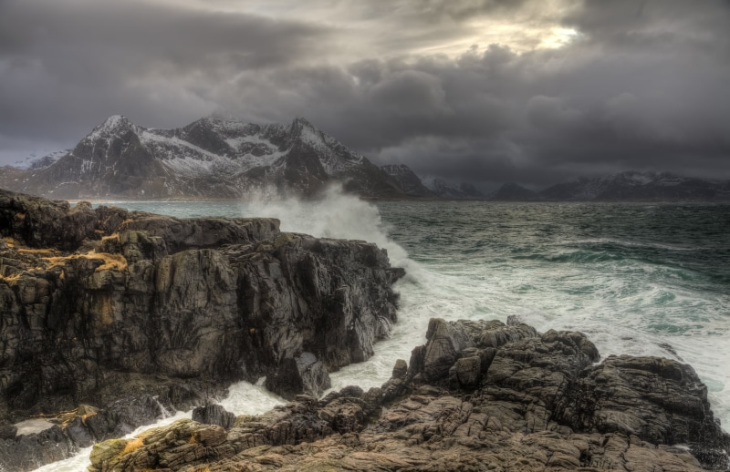 North Atlantic, colour, stormy, ocean, rock - Object, Norge, rugged, sea  coast, wild, nature, Lofoten  islands, dramatic, winter, clouds, Europe, arctic  chill