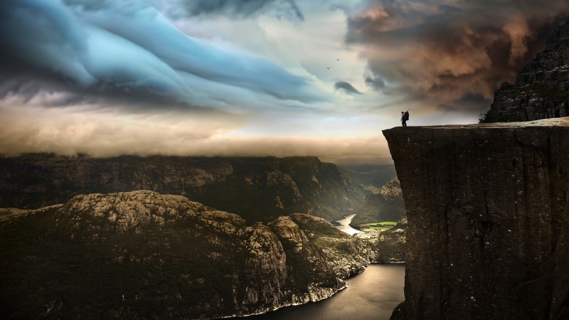 sky, mountains, nature, outdoors, rock, dusk, journey, clouds, land, tourism, mist, Norway, adventure, cloudscape, mountain, valley, men, people, famous Place
