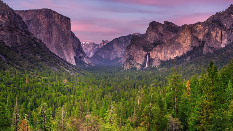 yosemite, pine woodland, sky, beauty in nature, mountain, water, waterfall, 1080P, travel destinations, el, sunset, pine tree, mountain range, solid, clouds