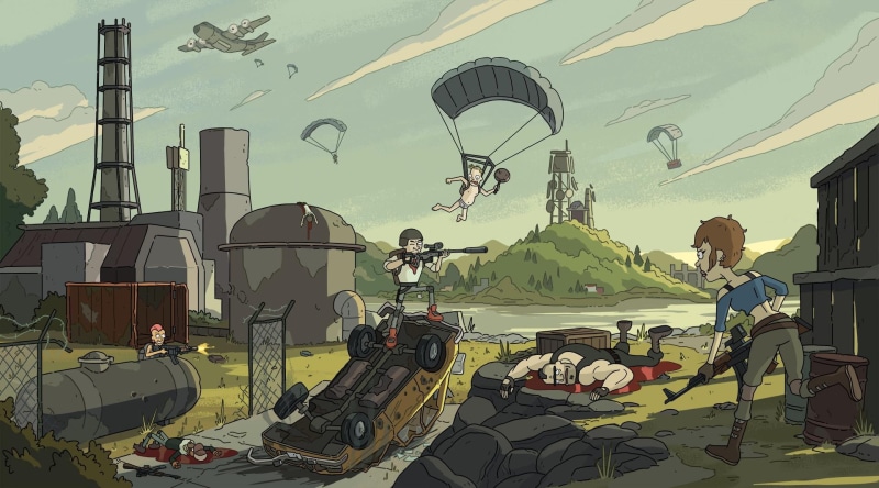 day, sky, video games, built structure, real people, amusement park, enjoyment, lifestyles, girls with guns, incidental people, cartoon, blood, artwork