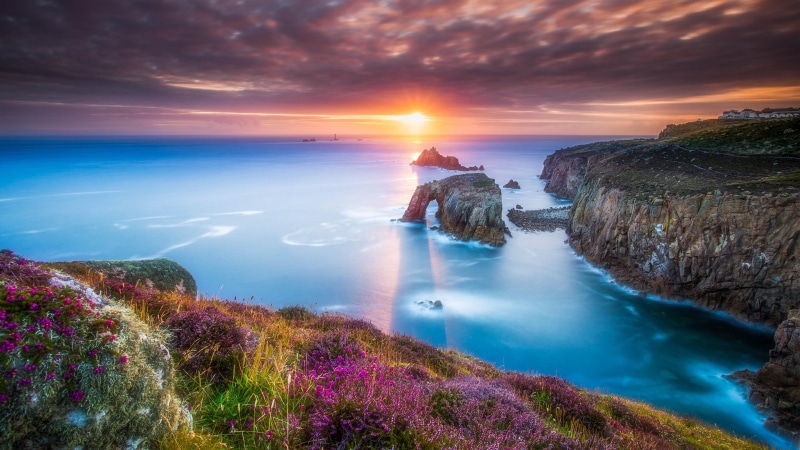 coastline, coast, rock, cliff, evening, rugged, sky, headland, natural arch, sea, dusk, 4K, united kingdom, sunset, lands end, cornwall, promontory, horizon