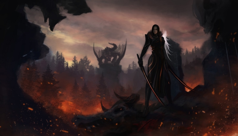 fantasy art, flame, full length, sky, outdoors, nature, plant, standing, sword, man, fire, burning, real people, adult, warning sign, communication