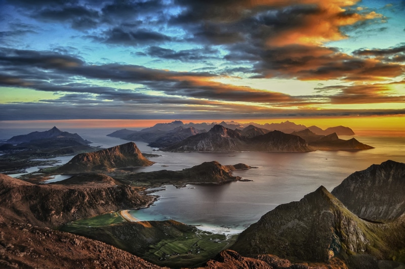 summer, Lofoten, mountains, sea, sky, cloud - sky, water, solid, scenics - nature, tranquil scene, beach, range, nature, non-urban scene, clouds, landscape