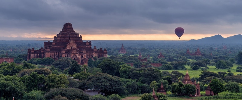 pagoda, air, no people, built structure, travel destinations, plant, architecture, outdoors, 720P, Bagan, brown, beauty in nature, landscape, hot air balloons