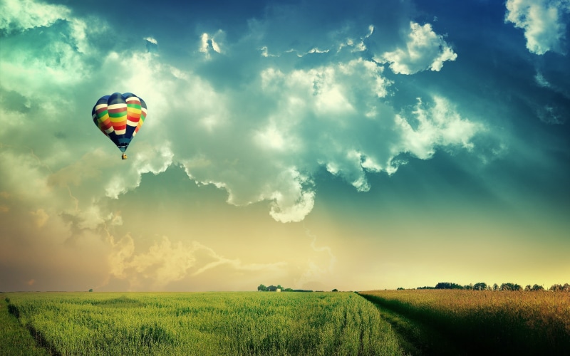 hot air balloon, parachute, clouds, multicolored, environment, cloud - sky, plant, balloon, agriculture, beauty in nature, air, hot air balloons, field