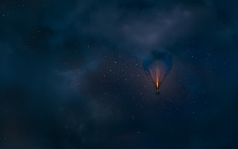 no people, hot air balloons, cloud - sky, beauty in nature, dark, artwork, air, outdoors, galaxy, star - space, transportation, night, blue, space, anime