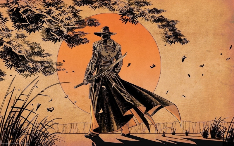 Windy, Trees, sun, Rear View, digital art, 1080P, shadow, cliff, Katana, nature, grass, Coats, samurai, men, drawing, artwork, leaves, hat
