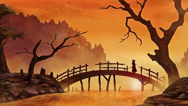 Trees, sunlight, branch, painting, men, Japanese, birds, river, Silhouette, samurai, Katana, Hill, bridge, nature, wood, water, grass, 2K, digital art