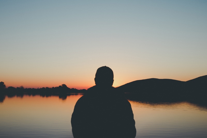 adventure, reflection, nature, outdoors, lifestyles, standing, 4K, solitude, leisure activity, back Lit, water, people, rear view, man, relaxation, sunset