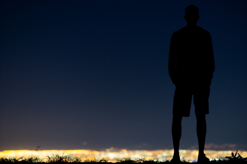 nature, illuminated, outdoor, alone, men, standing, leisure activity, outdoors, back lit, night, male, travel, copy space, body, people, guy, beside, rear view