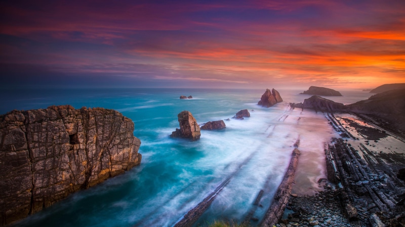 spain, sky, water, cantabria, playa de la arnia, coast, rock, ocean, sea, arnia beach, cliff, orange sky, 4K, orange clouds, shore, horizon, europe, beach