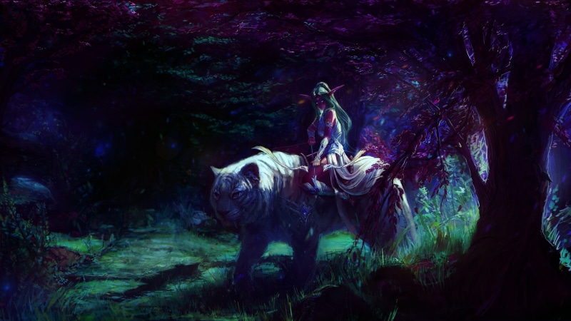 one person, mammal, tiger, forest, tree, Tyrande, land, outdoors, nature, young adult, real people, sitting, person, fantasy art, 1080P, illustration