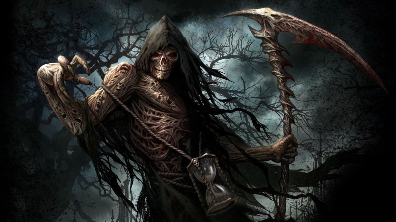females, reaper, adult, costume, women, tree, celebration, skull, nature, grim, indoors, hourglasses, hairstyle, fantasy art, horror, portrait, emotion