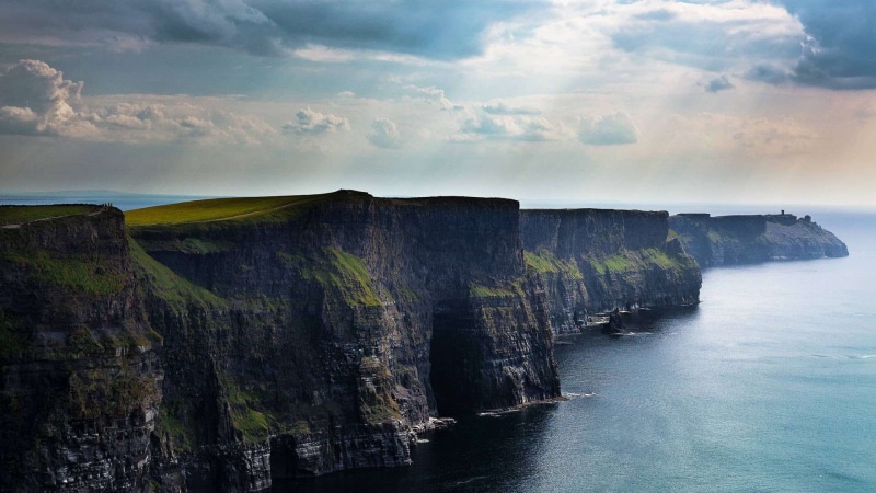 county clare, ireland, hd, county, moher, clouds, greeb, sunrays, water, clare, cliffs, cliff, body, the cliffs of moher, 1080P