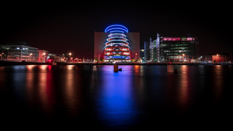 reflection, support, near, illuminated, 1080P, urban Scene, body, water, Dublin, France, Ireland, tower, europe, building Exterior, photography, body of water