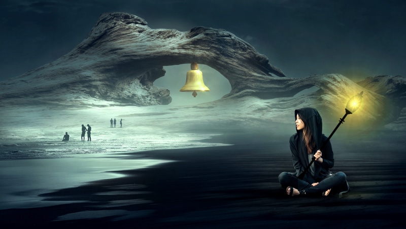 photo montage, mountain, sea, holding, surreal, mysterious, dark, bell, landscape, hairstyle, fantastic, dreamlike, beauty in nature, lighting, atmospheric