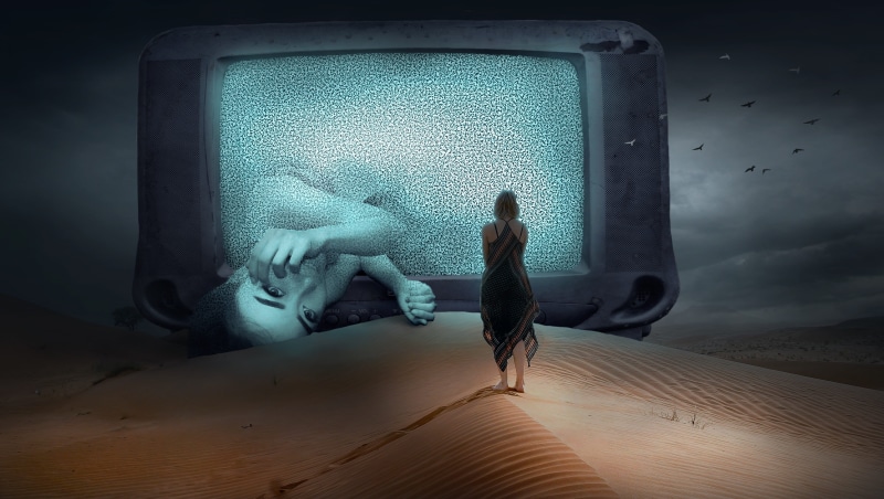 mysterious, alone, landscape, girl, horror, giant, crt, arts culture and entertainment, threatening, fantastic, gloomy, digital composite, young adult