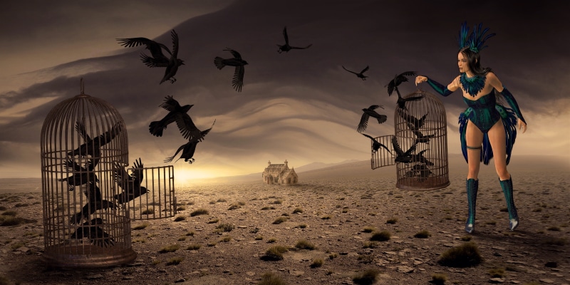 female, surreal, vacations, people, duster, photo montage, sand, trip, composing, scene, light, adult, 4K, cage, beauty, atmosphere, tropical climate