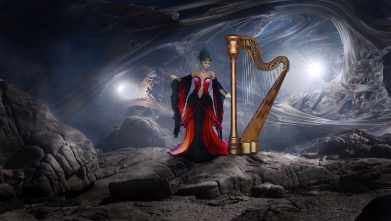 instrument, composing, dream, beauty in nature, female, lifestyles, young adult, magic, women, night, fantasy picture, light, cave, animation, atmospheric