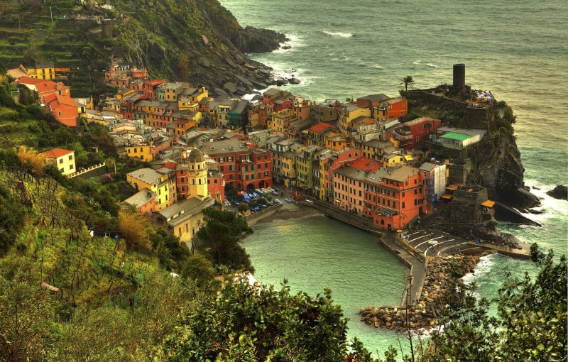 Ligurian Sea, trees, Italy, houses, shore, Buildings, coast, city, Manarola, terre, water, 1080P, La Spezia, cinque, Cinque Terre