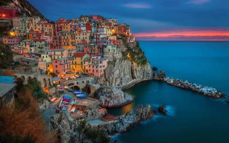Cinque Terre, evening, coast, colorful, 1080P, horizon, cliff, Italy, sea, rock, Manarola