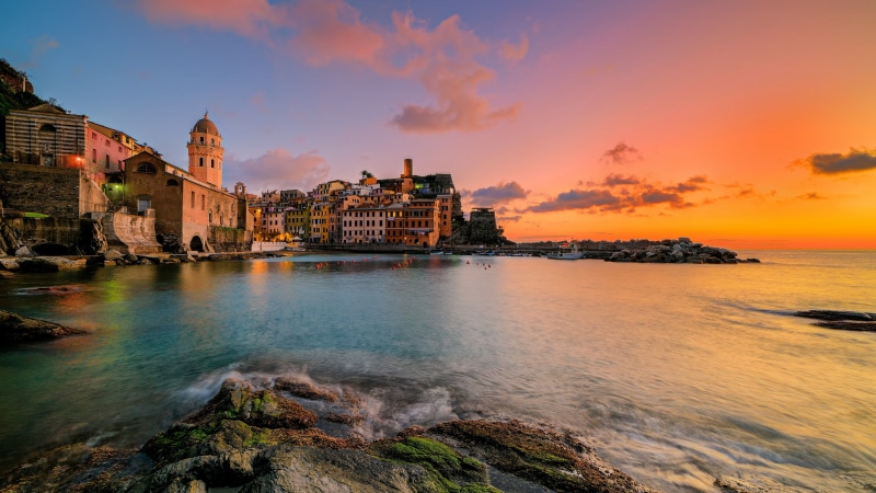 reflection, shore, 4K, europe, dusk, sea, horizon, italy, liguria, water, evening, sky, sunset, cloud, sundown, cinque terre, coast, vernazza, la spezia