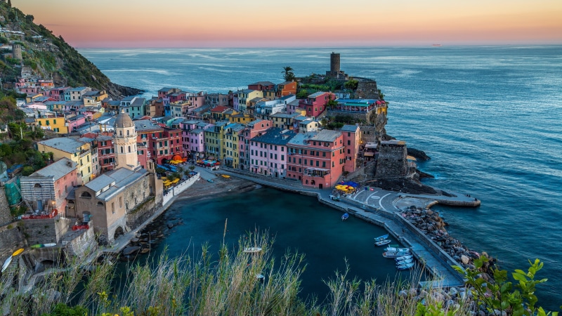 cape, sea, la spezia, bay, evening, city, vernazza, cinque terre, italy, europe, cityscape, promontory, sky, 4K, coast, headland, horizon, tourism
