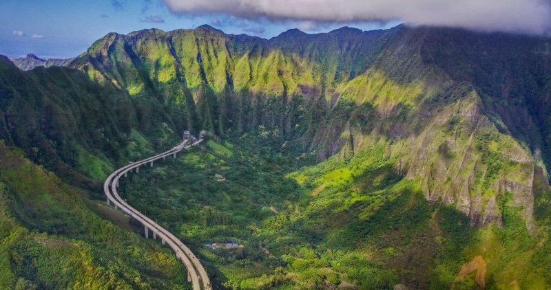 non-urban scene, sky, road, bridge, 1080P, landscape, nature, highway, brown, forest, outdoors, tranquil scene, mountain range, near, high angle view