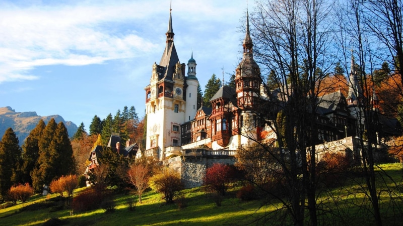 hill, castle, trees, white, nature and landscapes, romania, painting, grass, wondrous, brown, 1080P, wall, towers, peles