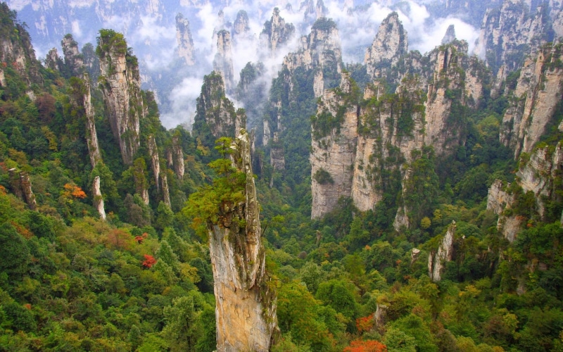 clouds, nature, trees, forest, mountains, Wulingyuan National Park, green, China, landscape, limestone, cliff, 1080P