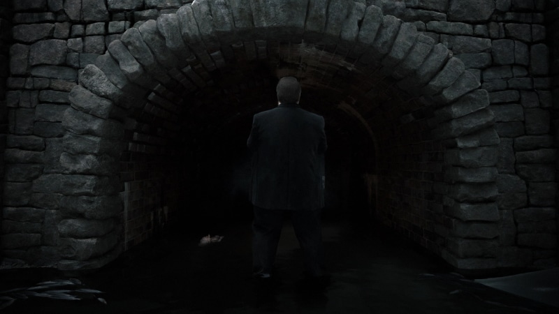 architecture, Death Stranding, stone wall, rear view, stone material, one person, wall, day, dark, Mads Mikkelsen, building, brick, full length, industry