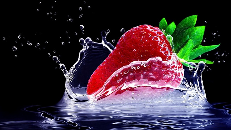 graphics, digital art, drops, 1080P, waterdrop, droplets, strawberry, dark, fruit, water drops, still life photography, water, splash