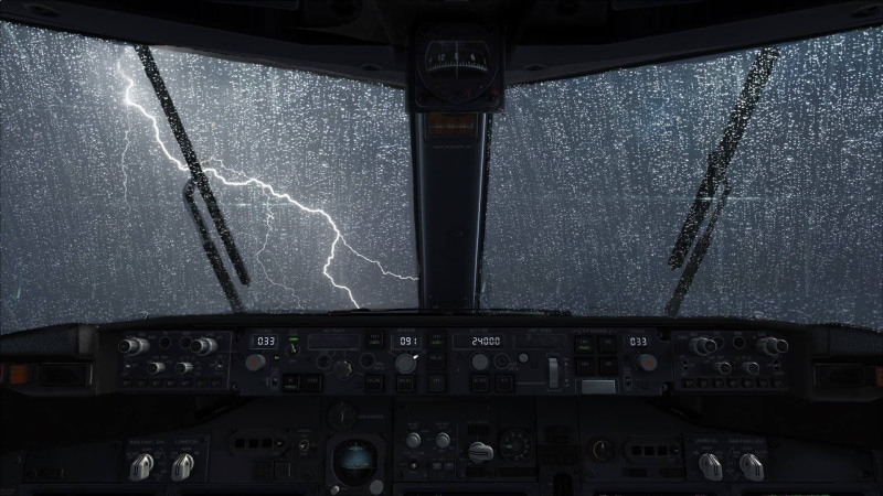 window, Boeing 737NG, night, aircraft, vehicle, storm, lightning, commercial Airplane, indoors, no people, car, water on glass, air, rain, cockpit, airplane