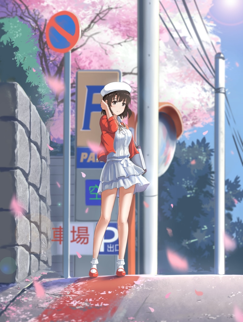 young adult, young women, katou megumi, road, beauty, adult, one person, hat, sakura blossom, beautiful woman, architecture, front view, real people, art and craft