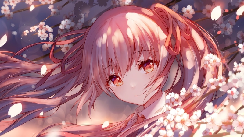 smiling, sakura blossom, 1080P, hatsune miku, Anime, leaves, vocaloid