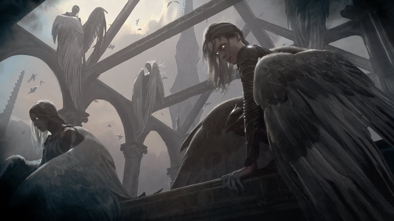 spirituality, dark hair, young women, 2K, real people, art and craft, angel, indoors, architecture, fantasy art, built structure, artwork, fictional characters