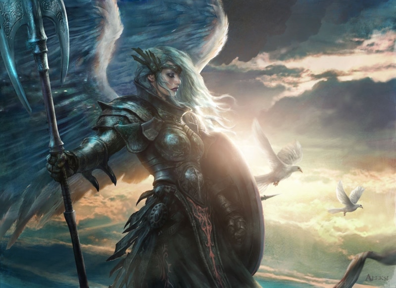 people, woman, portrait, costume, outdoors, adult, fantasy, day, aggression, 720P, cloud - sky, representation, angel, shield, weapon, Magic: The Gathering