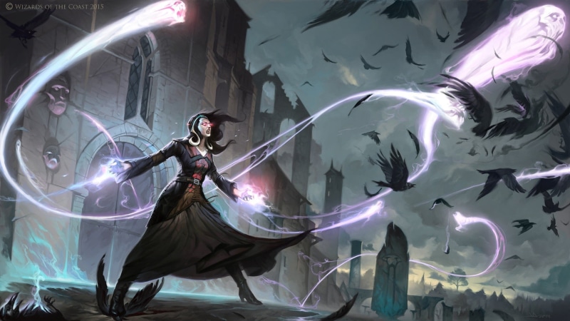 crow, leisure activity, full length, anime, front view, fashion, beauty, adult, females, people, wizard, raven, fantasy art, clothing, indoors, Liliana Vess