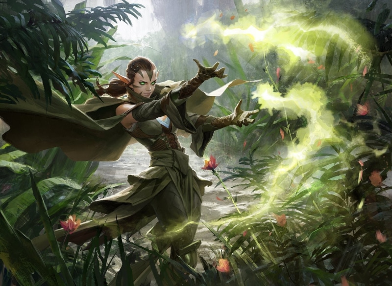 green color, plant part, vertebrate, people, fantasy art, water, holding, leaf, real people, day, outdoors, animal wildlife, growth, plant, Magic: The Gathering