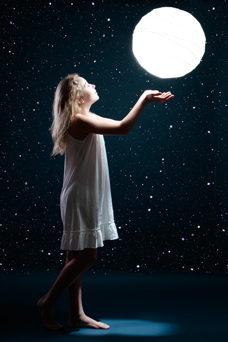 star - space, round, light, whit, one person, blond hair, cosmos, girls, looking up, girl, astronomy, sky, star, blue, holding, women, dress, galaxy, standing
