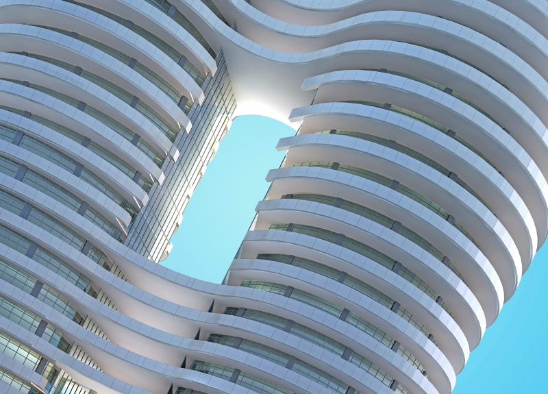 modern, architecture, office building, repetition, architectural feature, outdoors, curve, built structure, low angle view, outside, gray, whit, clear sky