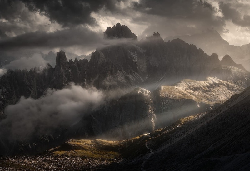 mountains, scenics - nature, plant, Dolomites (mountains), flowing water, mountain, no people, summer, beauty in nature, non-urban scene, sky, sun rays