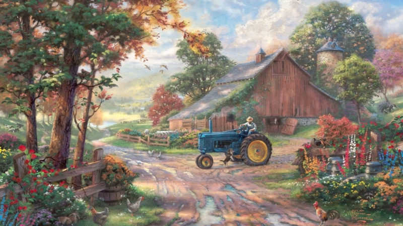 dirt road, sky, tree, building exterior, tractor, building, 2K, outdoors, farm, change, transportation, day, cart, autumn, nature, flowers, Thomas Kinkade