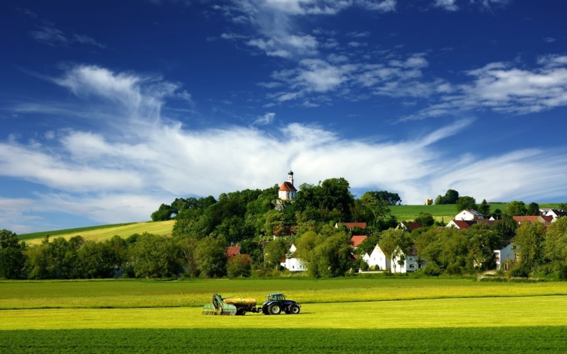 architecture, church, trees, hills, green, day, scenics - nature, grass, tranquil scene, house, tranquility, environment, tree, farm, beauty in nature