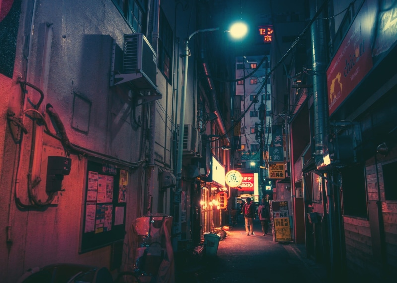 illuminated, direction, neon, outdoors, alley, night, air, building, architecture, no people, building exterior, narrow, the way forward, communication