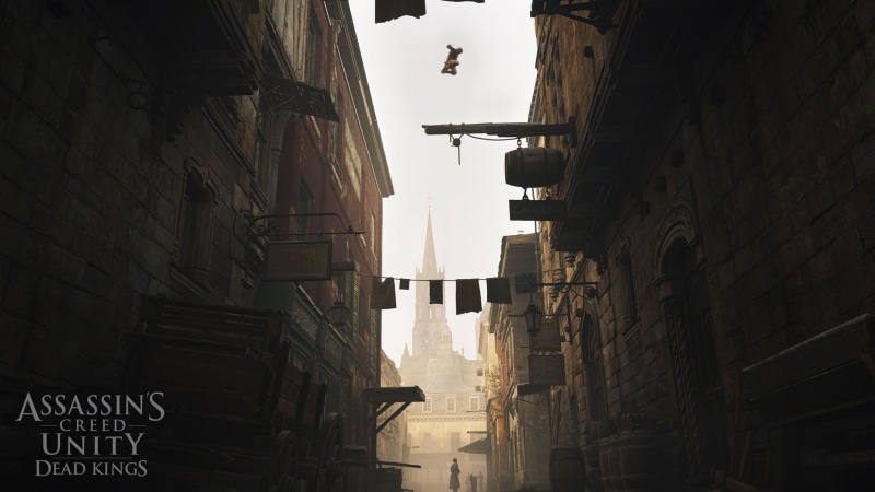 sky, poster, outdoors, narrow, architecture, day, residential district, direction, sign, low angle view, unity, no people, building, Assassins Creed, 1080P