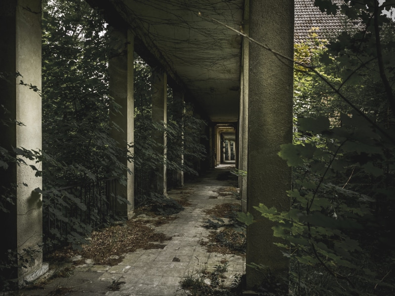 lost place, footpath, ailing, concrete, pavement, forest, old, structure, view, building, hallway, long, architecture And Buildings, abandoned, no People