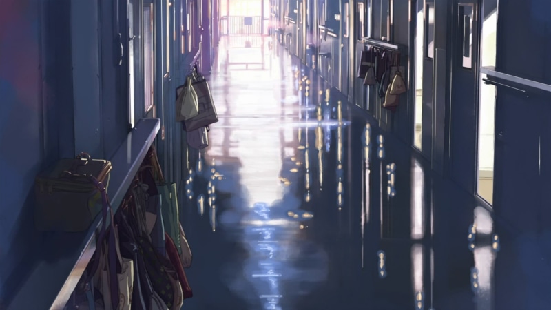  no people, anime, railing, 1080P, day, corridor, 5 Centimeters Per Second, building, absence, architecture, room, entrance, sunlight, in a row